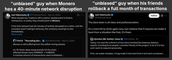 A side-by-side comparison of two tweets by Joel Valenzuela, contrasting his criticism of Monero's 40-minute network disruption with his defense of Zano rolling back a full month of transactions.