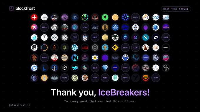 A thank you graphic from Blockfrost showing many cryptocurrency token logos in a grid, with the text 'Thank you, IceBreakers! To every pool that carried this with us.'