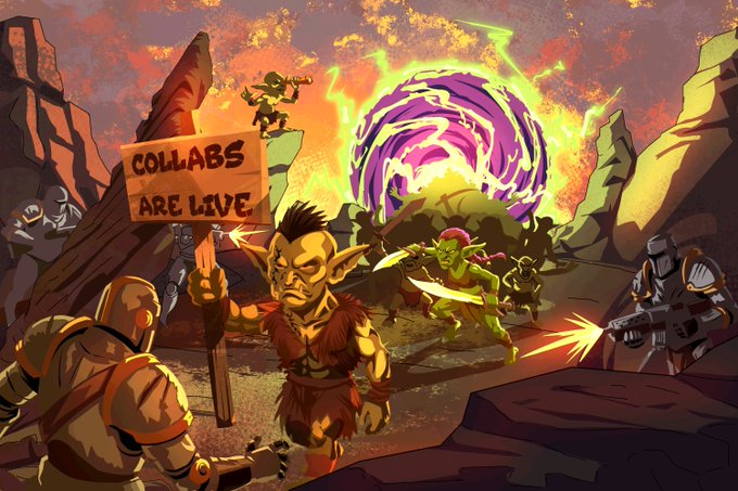 A goblin warrior holds a wooden sign reading "COLLABS ARE LIVE" in the foreground, while behind him, orcs, a knight, and other warriors battle around a glowing purple energy rift in a fiery canyon landscape—illustrating the post's announcement that project collaborations are now unlocked.