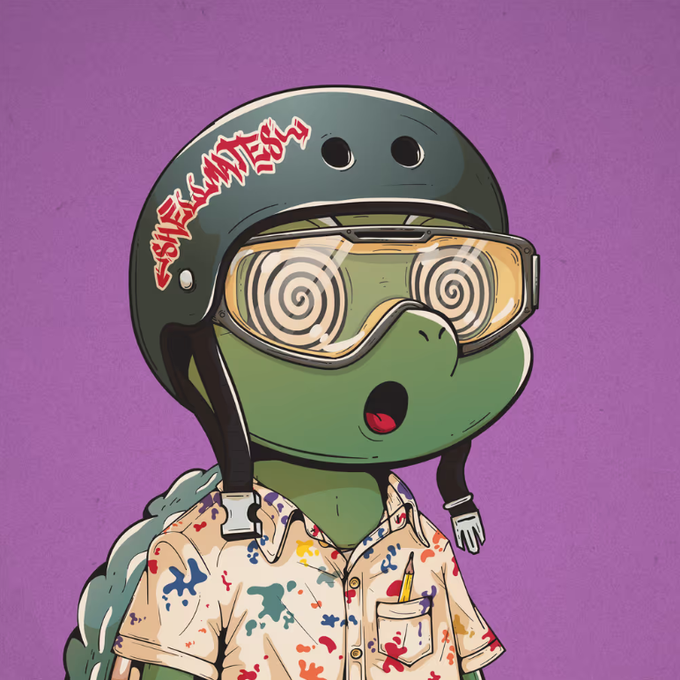 A digital illustration of a cartoon turtle character wearing a black helmet with red text reading 'F-SKILLMATES-L' and spiral-patterned ski goggles, dressed in a paint-splattered shirt and carrying a backpack against a purple background.
