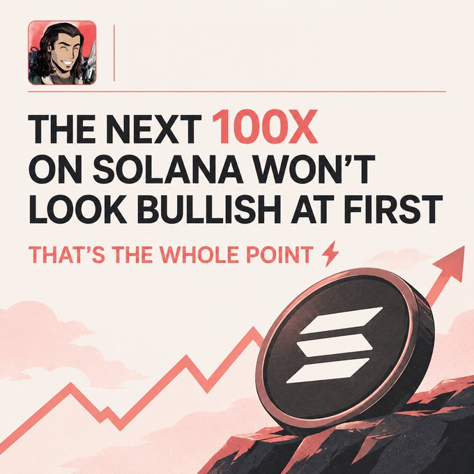A promotional graphic with text 'THE NEXT 100X ON SOLANA WON'T LOOK BULLISH AT FIRST - THAT'S THE WHOLE POINT' featuring a Solana logo coin and an upward trending chart.