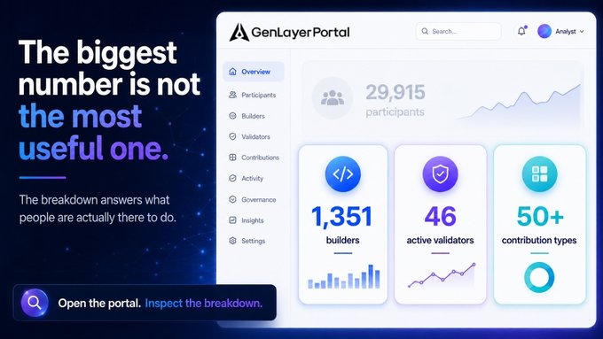 A dashboard for 'GenLayer Portal' with the tagline 'The biggest number is not the most useful one' and statistics showing 29,915 participants, 1,351 builders, 46 active validators, and 50+ contribution types.