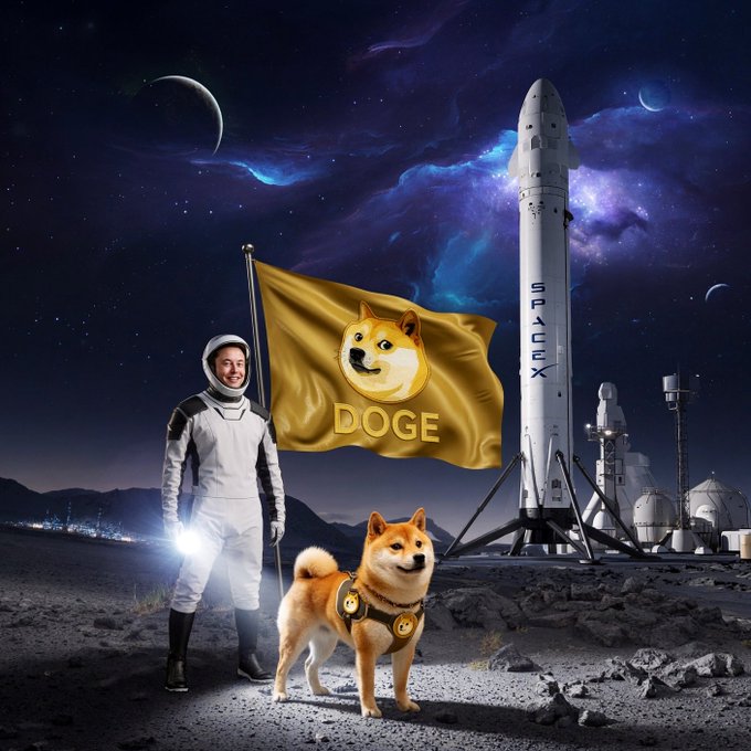 The image features an astronaut standing next to his dog, both wearing space suits. They are holding up a golden flag with a Doge logo on it against the backdrop of a rocket launch site or a moon base. The caption below the image reads "SpaceX is going to put a literal Dogecoin on the literal moon". This suggests that there might be an upcoming event where the Dogecoin will be used as a symbol, possibly for a promotional campaign related to space exploration or a new product from SpaceX.