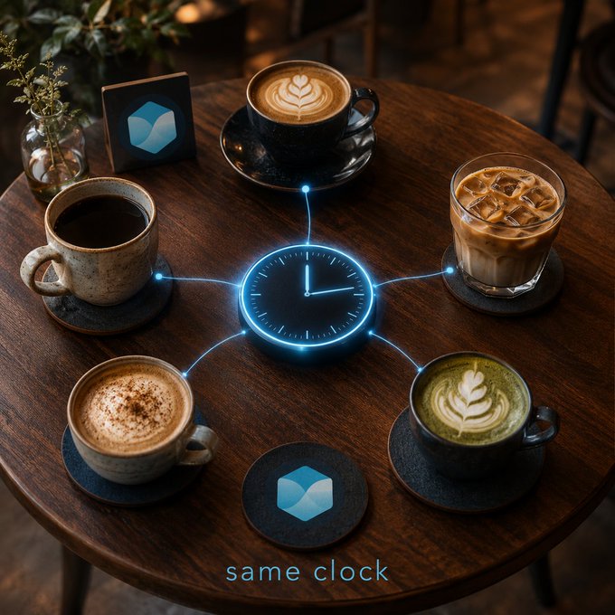 Four different coffee drinks arranged around a glowing clock on a wooden table, with the text "same clock" displayed below.