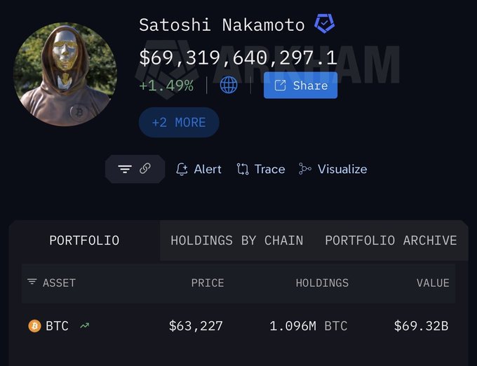 A crypto portfolio dashboard shows Satoshi Nakamoto's wallet with $69,319,640,297.1 in holdings, including 1.096M BTC valued at $69.32B at a price of $63,227.