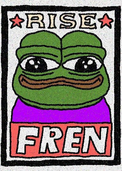 A colorful patch featuring a stylized green Pepe the Frog with the text 'RISE' at the top and 'FREN' at the bottom, framed by red stars.