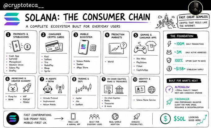 The image is an infographic titled "SOLANA: THE CONSUMER CHAIN" by @cryptoteca__, showcasing Solana's ecosystem organized into 10 user categories including Payments & Stablecoins (Cash App, MoneyGram), Consumer Crypto Cards (Kast, Solfare), Mobile Ecosystem (Solana Mobile, Seeker), Prediction Markets, Gaming & Consumer Apps, Meme Coins (Pump.fun, BONK), AI Agents (Virtuals Protocol), Trading & DeFi (Jupiter, Jito), On-Chain Equities (DeRWA), and Identity & Naming, along with foundation metrics like ~100M daily transactions, ~3M daily active addresses, and a $15B+ stablecoin supply—directly illustrating the post's claim that Solana is building a consumer-first blockchain across diverse everyday use cases.