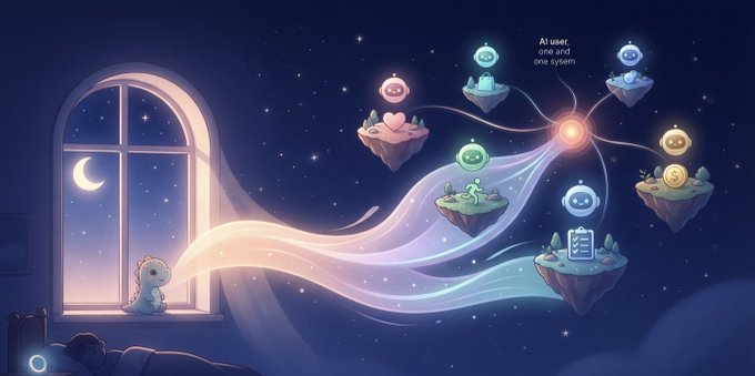 A whimsical illustration showing a sleeping child by a window with a small dragon, whose dream projects floating islands connected by glowing streams to various icons (heart, smiley, dollar sign, etc.) labeled "AI user, one and one system."
