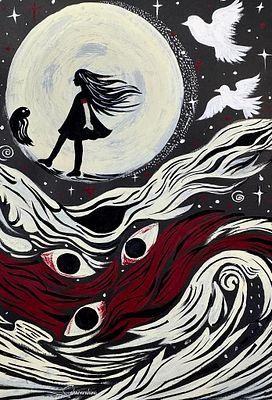 An illustration depicting a silhouette of a girl standing before a full moon with doves flying nearby, while giant red eyes emerge from swirling waves below.