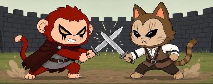 A cartoon illustration showing a monkey character and a cat character clashing swords in front of a castle wall, reminiscent of Game of Thrones.