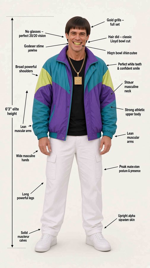 A satirical diagram of a man in a colorful 90s-style windbreaker, white cargo pants, and gold chains, with annotation arrows humorously labeling his 'ideal' masculine features including 'Godeser slime jawline,' 'Gold grills – full set,' 'Stauar masculine neck,' and 'Peak mabtern posture & presence.'