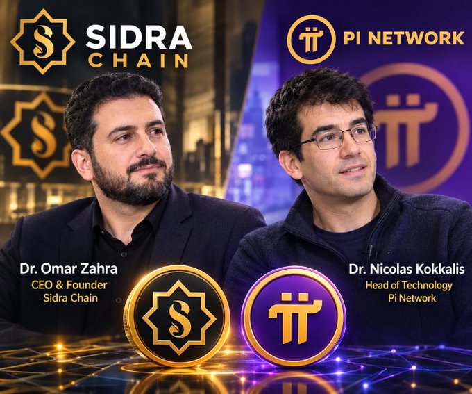A promotional graphic featuring Dr. Omar Zahra (CEO & Founder of Sidra Chain) on the left and Dr. Nicolas Kokkalis (Head of Technology of Pi Network) on the right, with their respective crypto logos displayed in the foreground.