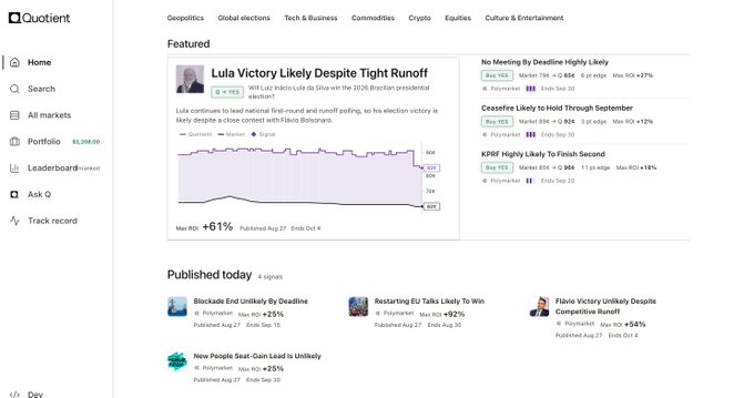 A screenshot of the Quotient platform displaying prediction markets across categories like Geopolitics, Global elections, Tech & Business, Commodities, Crypto, Equities, and Culture & Entertainment, with featured markets including 'Lula Victory Likely Despite Tight Runoff' and 'xP&F Highly Likely To Finish Second'.