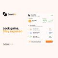 A mobile app interface screenshot for 'Quadr AI' showing a 'Lock gains, only exposed' dashboard with cryptocurrency-related metrics like Bitcoin price and USDT.
