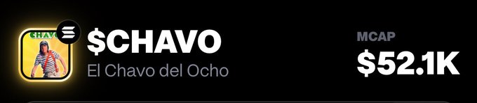 A dark-themed digital display for the cryptocurrency '$CHAVO', subtitled 'El Chavo del Ocho', showing a market cap of '$52.1K' next to an avatar of a character.