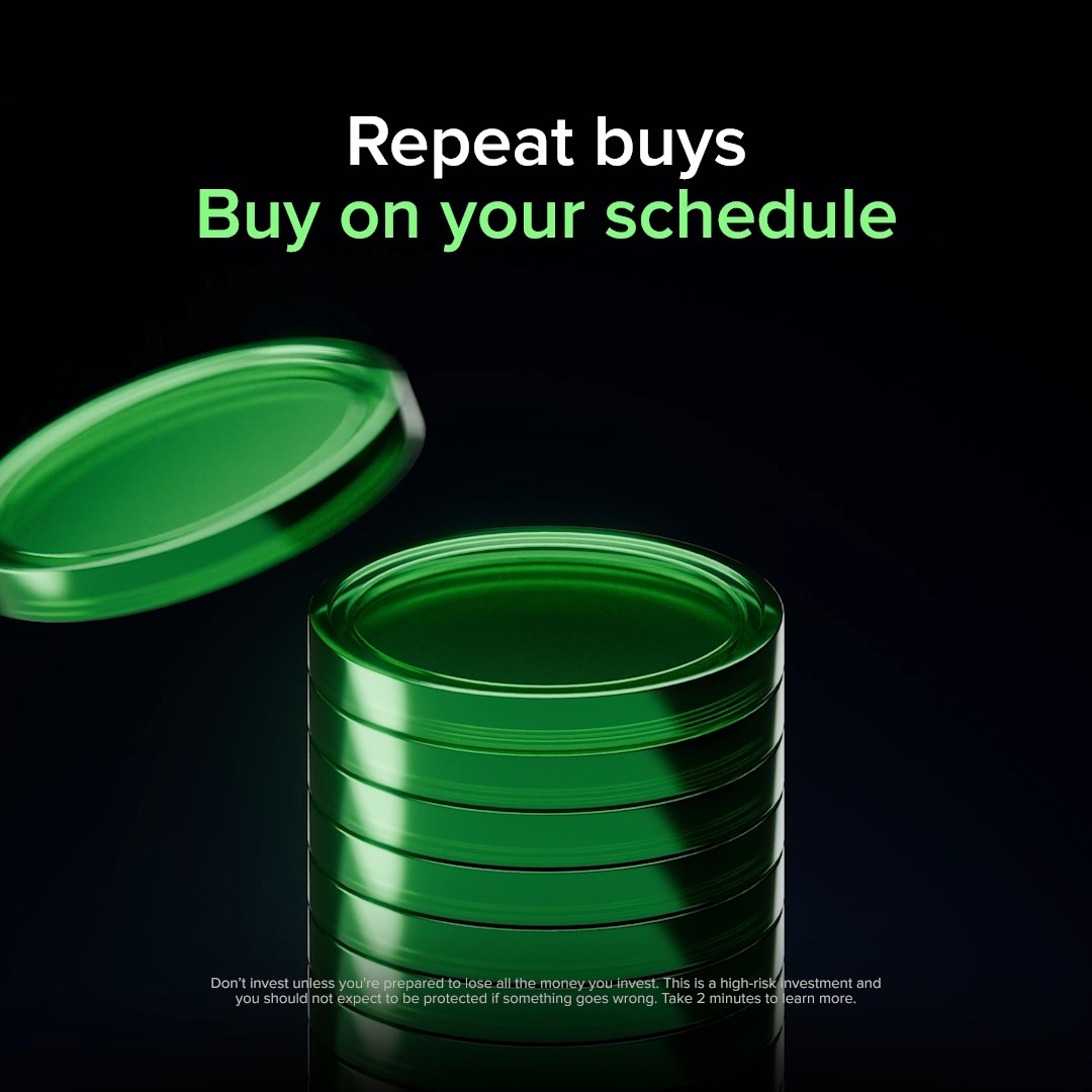 An advertisement displays 'Repeat buys - Buy on your schedule' above a stack of green coins, with risk disclaimers at the bottom.