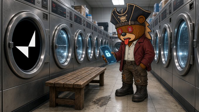 An anthropomorphic bear character dressed as a pirate stands in a laundromat holding a phone displaying a lock icon, next to a washing machine showing a triangular logo.