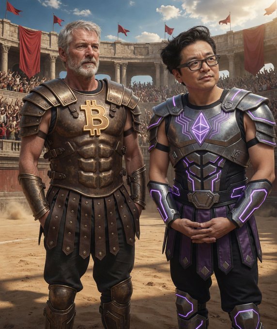 The image features two men dressed in medieval armor standing next to each other, possibly from a movie or TV show. The man on the left has a beard and is wearing a gold-colored suit with a large "B" symbol on his chest. The man on the right also has a beard but is wearing a purple suit with a "E" symbol on it. They are standing in front of a crowd, which suggests that they might be characters from a historical or fantasy series.