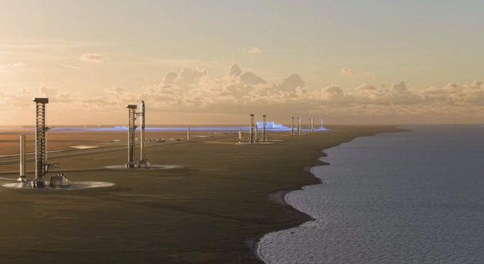 A rendering of a futuristic coastal landscape featuring a line of tall launch towers along a shoreline, with blue energy beams visible in the distance.