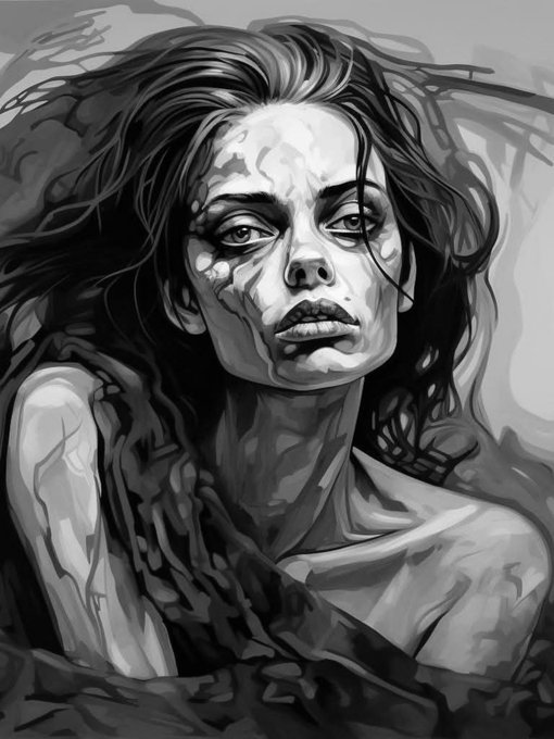 A monochrome digital painting portrait of a young woman with intense, haunting eyes and windswept hair, featuring bold contrast and dramatic shading that aligns perfectly with the "Qt your monochrome art" theme by showcasing the artist's mastery of grayscale tones.