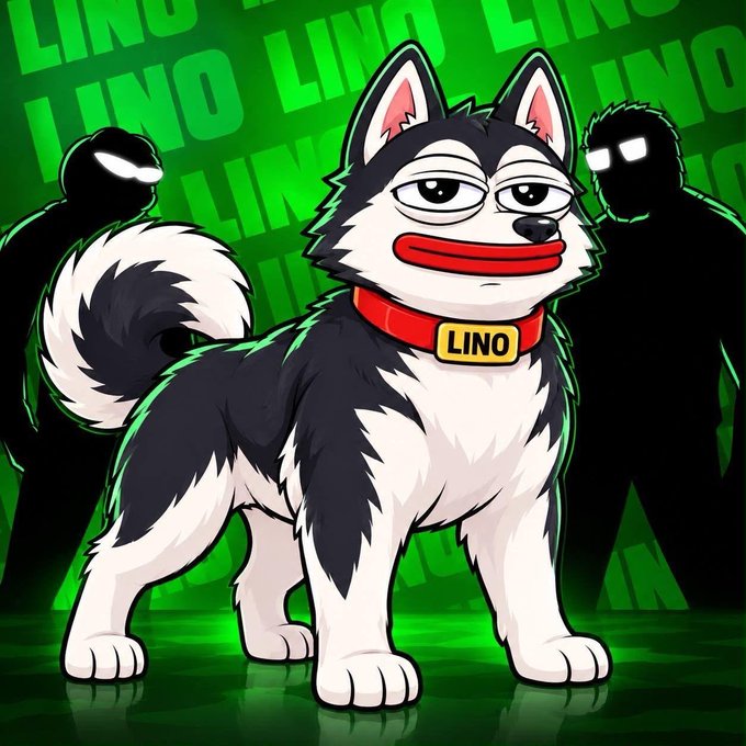 A cartoon husky dog with a red collar and a 'LINO' name tag stands against a green background with 'LINO' text and shadowy figures behind it.