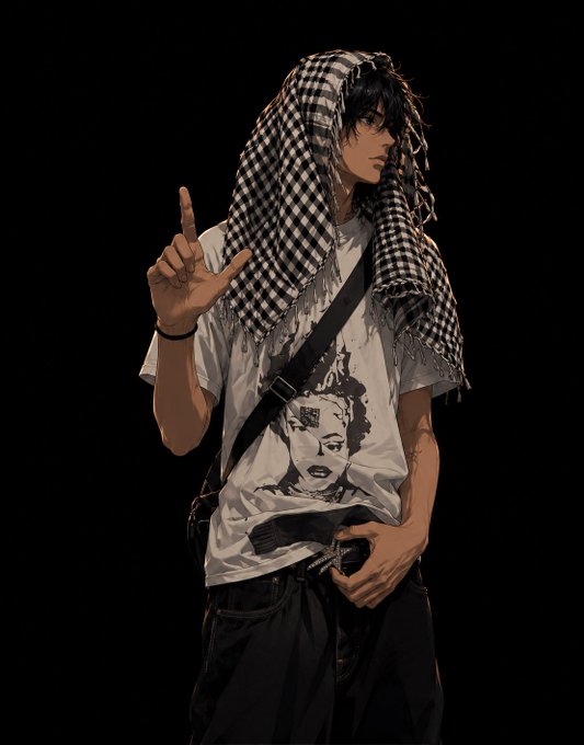 An anime-style illustration of a dark-haired male character wearing a checkered keffiyeh scarf, a white graphic t-shirt, and black pants, making a hand gesture against a black background.