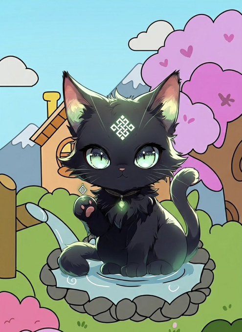 The image features a black cat sitting on top of a rock, surrounded by flowers and trees. The cat appears to be looking directly at the camera with its eyes open. There are no texts or other objects present in the scene.