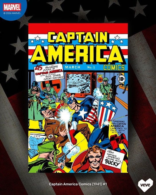 A Marvel digital comic cover of Captain America Comics #1 (March 1941) featuring Captain America punching Hitler, available on Veve.