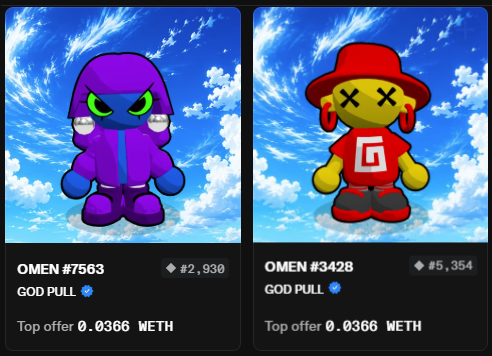Two cartoon-style NFT characters titled "GOD PULL" are displayed against a cloudy sky background, featuring a purple hooded figure (OMEN #7563) with a 2,930 trait score and a red-hatted yellow figure (OMEN #3428) with X-eyes and a 5,354 trait score, both listed with a top offer of 0.0366 WETH—showcasing the @TheGodPull NFT collection the user is proudly displaying.