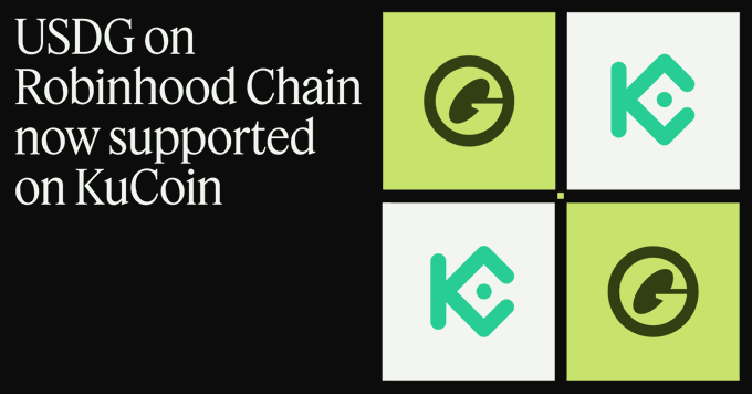 A graphic announcement stating "USDG on Robinhood Chain now supported on KuCoin" with the logos of both platforms arranged in green and white squares.