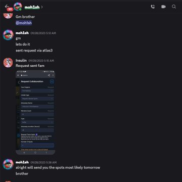 A dark-themed Discord chat screenshot from 'mok1sh' discussing a sent request via Atlas3 and receiving a 'Request sent fam' message, with images of a collaboration request form attached.