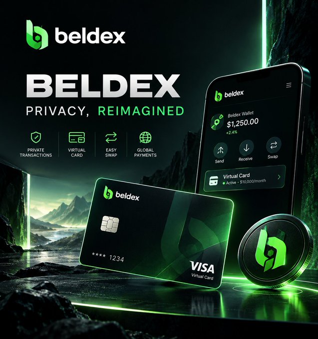 A promotional graphic for 'beldex' featuring a Visa virtual card, a phone showing a wallet balance of $1,250.00, and text highlighting 'PRIVACY, REIMAGINED' with features like private transactions and global payments.