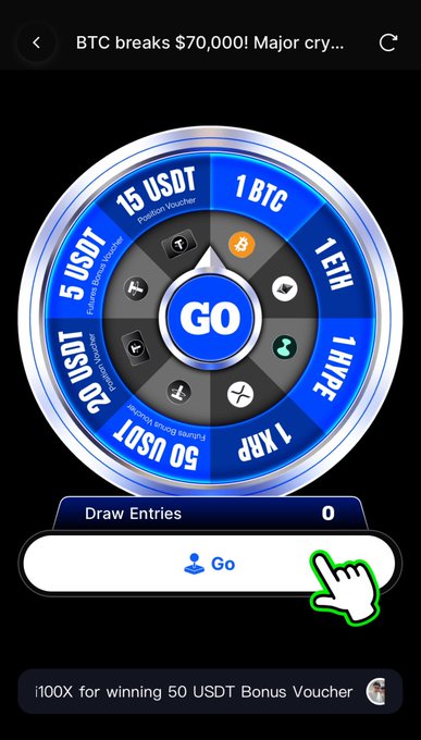 A mobile app screenshot showing a crypto spin wheel offering prizes like 1 BTC, 1 ETH, and various USDT vouchers, with a header reading "BTC breaks $70,000! Major cry..."