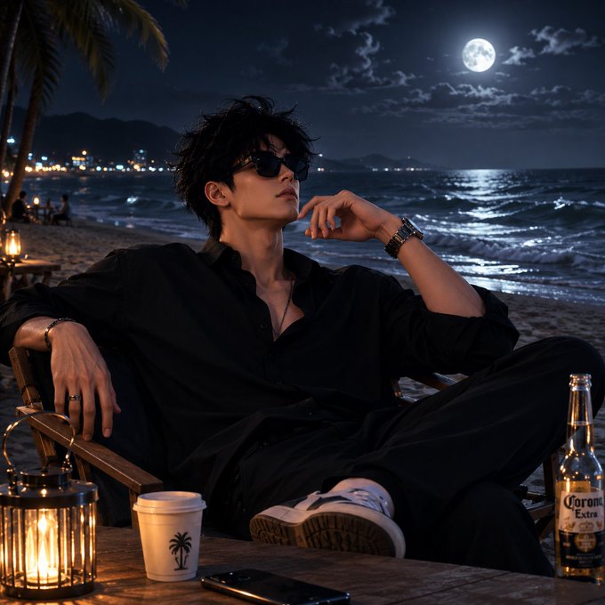 A stylish young man in a black shirt and sunglasses reclines on a beach at night under a full moon, with a Corona Extra bottle, a lantern, and a coffee cup on the table before him.