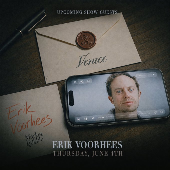 The image features a cell phone displaying an image of a man's face, with the text "Erik Voorhees" written below it. The background shows a wooden table with various items such as a pen, envelope, and a book. The poster also includes the date "Thursday, June 4th", indicating that this event is taking place on the weekend.
