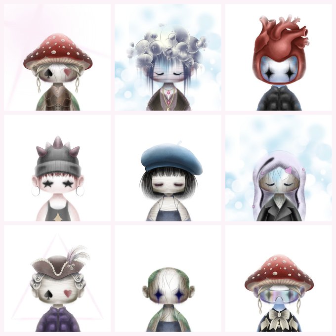 A 3x3 grid showcasing nine distinct PYO NFT characters with whimsical, dreamlike designs—including a mushroom figure, a figure with an anatomical heart head, and various pastel-toned characters with closed eyes and starry accents—representing the collection of nine PYO NFTs recently acquired for 0.982 ETH.