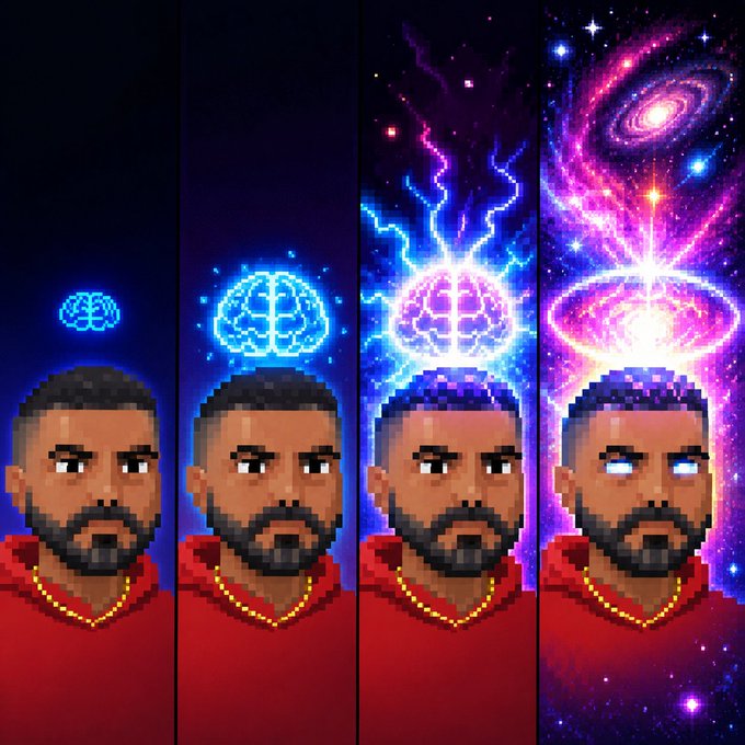 Four pixel art panels show a bearded man in a red hoodie, depicting a progression of cosmic consciousness as a glowing brain and galaxy appear above his head, eventually giving him glowing blue eyes.