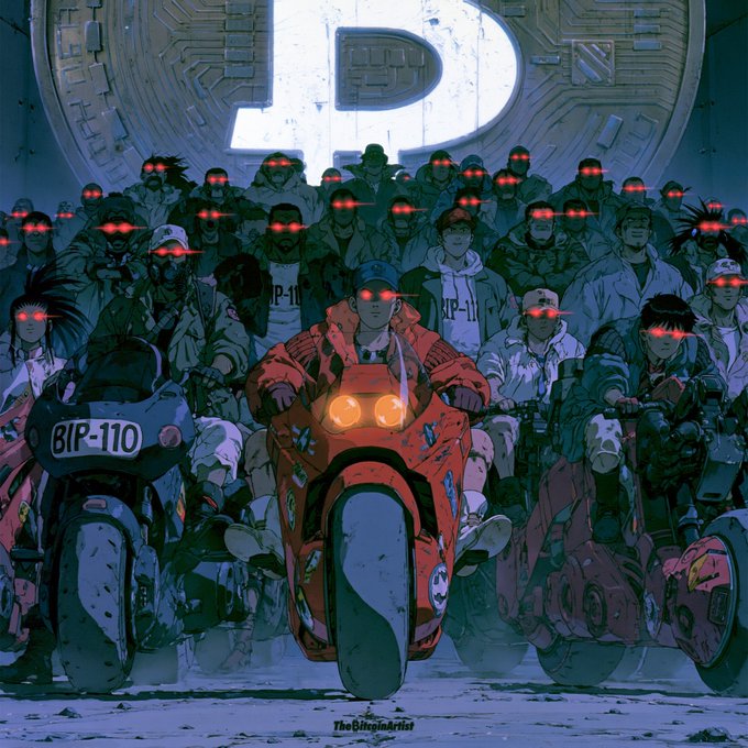 The image features a group of people riding motorcycles, with one person wearing a red jacket that has "P" written on it. The background shows a large white circle with a red "P" inside. The caption reads "They were told their nodes didn't matter." This phrase is related to the main image because the motorcycle riders are wearing helmets and goggles, which protect them from harm or danger. The phrase suggests that the people in the image might be facing challenges or obstacles, but they continue riding together despite these difficulties.