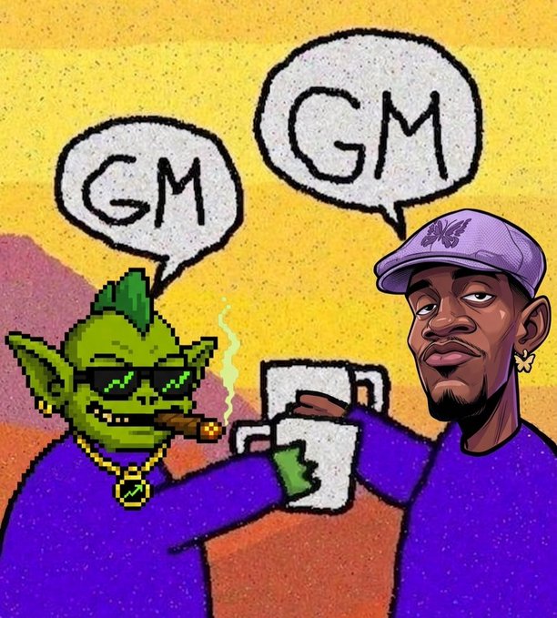 A pixel art illustration showing a green goblin-like character smoking a cigar and a man in a purple cap toasting mugs together, both with 'GM' speech bubbles.