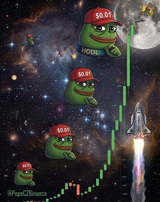 A meme image showing four Pepe the Frog characters wearing red '$0.01' caps, ascending alongside a green candlestick chart towards the moon and a rocket ship labeled 'PEPE STRATOSPHERIC'.