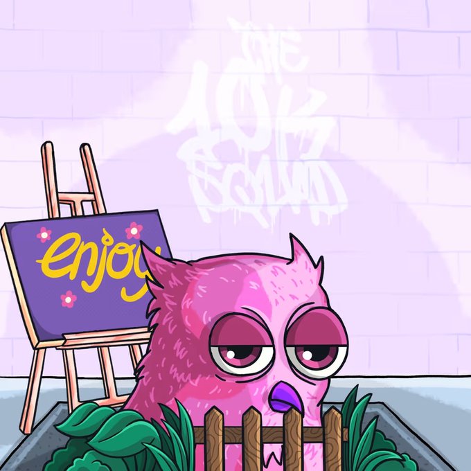 A wide-eyed pink owl peers through a small wooden fence toward the viewer, with a chalkboard easel beside it reading "enjoy" in yellow script and "The 10k Squad" graffiti on the brick wall behind. The image ties directly to the post by pairing the "enjoy" message with a vibrant NFT character to send a cheerful weekly greeting to the community.