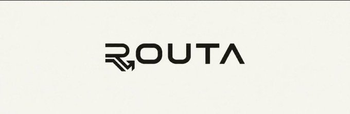 The image displays a sleek black-and-white logo featuring the text "ROUTA" with a stylized arrow integrated into the letter "R." This minimalist branding aligns with the post's announcement that the $ROUTA token and its routing engine have officially launched.