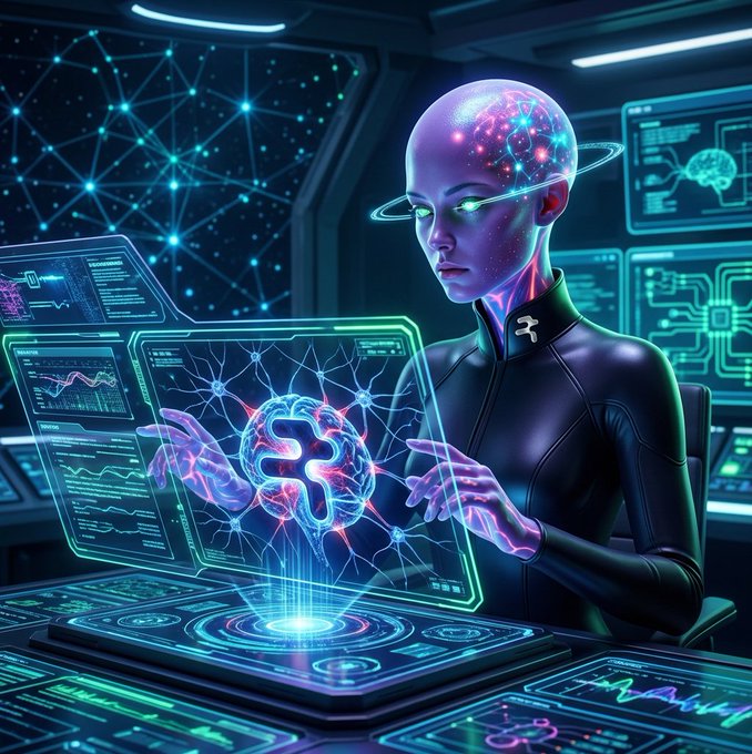 A futuristic AI or cyborg figure with a glowing, translucent head manipulates a holographic neural network display in a high-tech sci-fi environment.