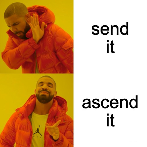 A two-panel Drake meme contrasts rejection of "send it" with approval of "ascend it," paired with a post from 0G Labs announcing the launch of $a0G liquidity on Bond and promoting the "Ascend" platform as a new beginning that starts at zero.