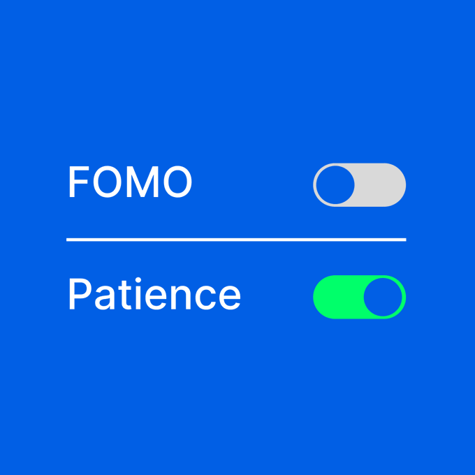 A settings panel showing 'FOMO' toggled off and 'Patience' toggled on, set against a blue background.
