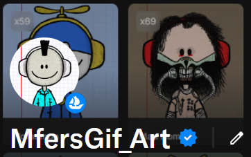 Two digital avatars from an NFT collection are shown side-by-side: a normal character with a propeller hat labeled 'x59' and a creepy, bearded variant labeled 'x69', with 'MfersGif Art' text below.