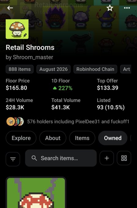 A mobile app screenshot showing a collection called 'Retail Shrooms' by Shroom_master with 888 items, displaying a floor price of $165.80, 24H volume of $28.3K, and total volume of $41.3K.