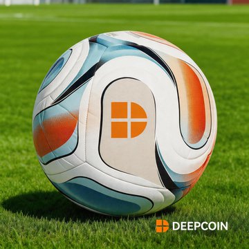 The image features a soccer ball with an orange, white, blue, and red design sitting on top of a green field. The text "deepcoin" appears multiple times throughout the image, suggesting that this could be a giveaway or contest related to Deepcoin coins. The post also mentions a prize for participating in the draw, which is a chance to win five World Cup-branded soccer balls.