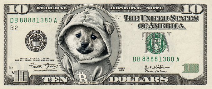 A modified $10 bill featuring the Dogwifhat (WIF) Shiba Inu dog wearing its signature pink hat in place of Alexander Hamilton's portrait, with a Bitcoin 'B' logo.