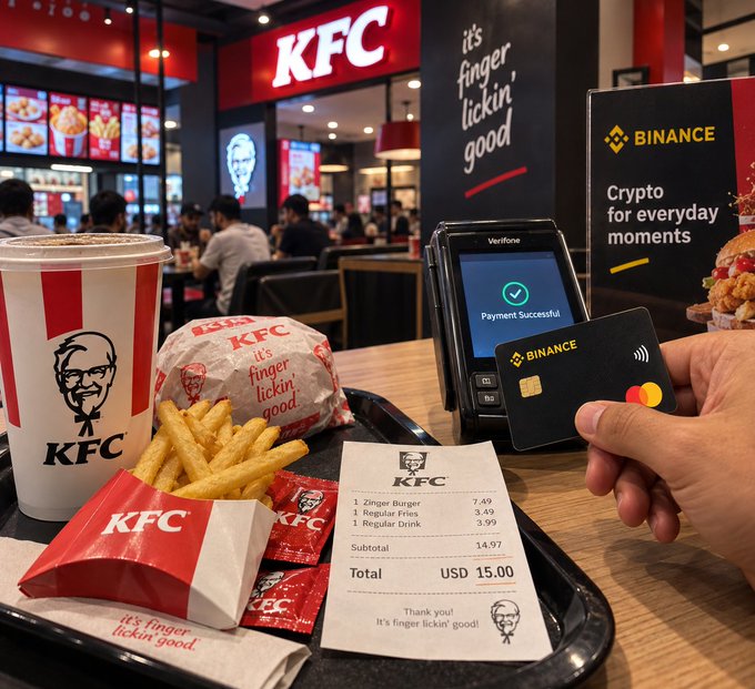 A customer pays for a KFC meal at a "BINANCE" card reader displaying "Payment Successful," with a tray holding a Zinger Burger, fries, a drink, and a receipt totaling "USD 15.00" for "1 Zinger Burger 7.49, 1 Regular Fries 3.49, 1 Regular Drink 3.99," while signage promotes "it's finger lickin' good" and "Crypto for everyday moments," illustrating the post's casual account of using a Binance Card to pay for a typical $15 fast-food order instead of cash or a traditional card.